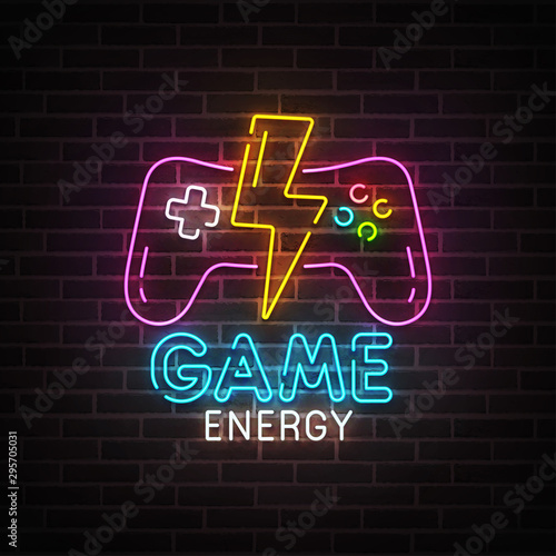 Game neon sign, bright signboard, light banner. Game energy logo neon, emblem. Vector illustration