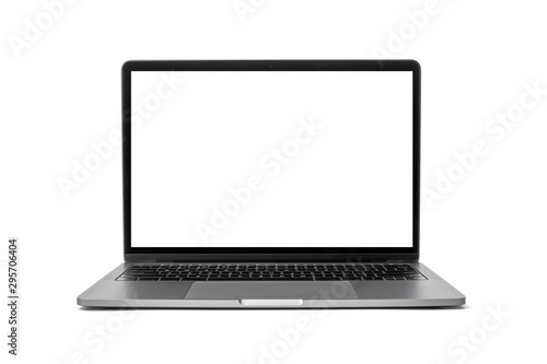 Laptop with white screen isolated on white background. Copy space text. Mockup design
