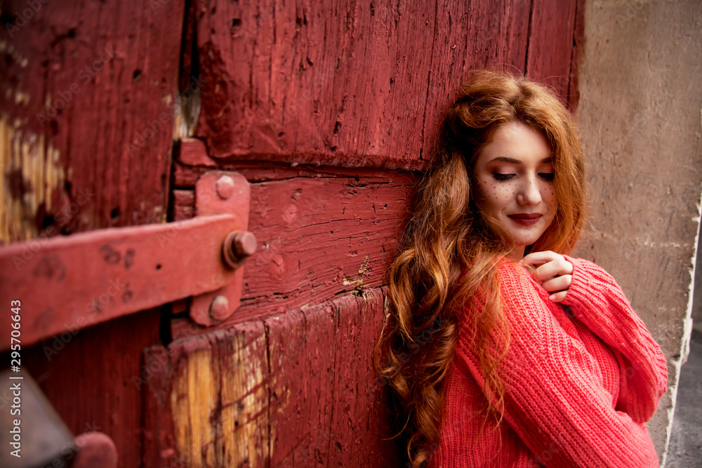 Fototapeta premium Portrait of beautiful redhead woman with long hair is posing against retro wood red wall.