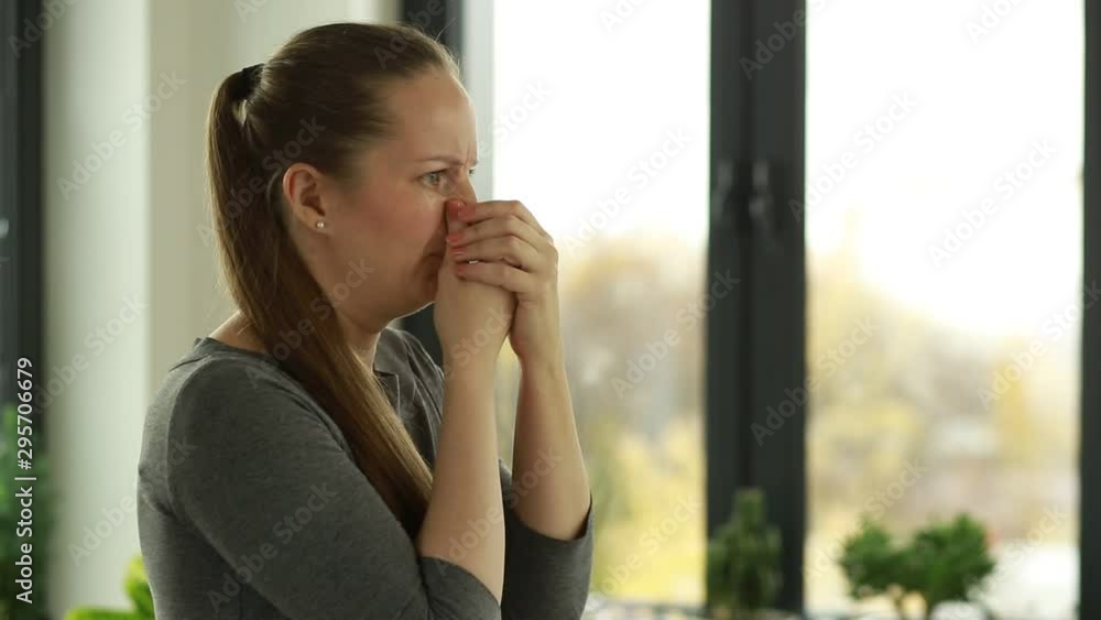Woman reacts to stink. Bad smell. Stench. Mud. Woman reacts to stink. Bad smell. Stench. Mud.