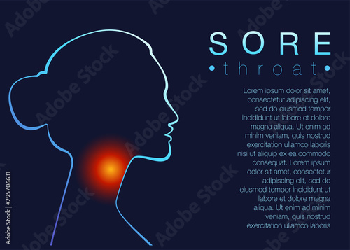 Template for medical broshure Sore throat with text space. Woman silhouette throat irritation, sore throat, symptom of flu, health problems. Vector illustration in neon light style, concept human head