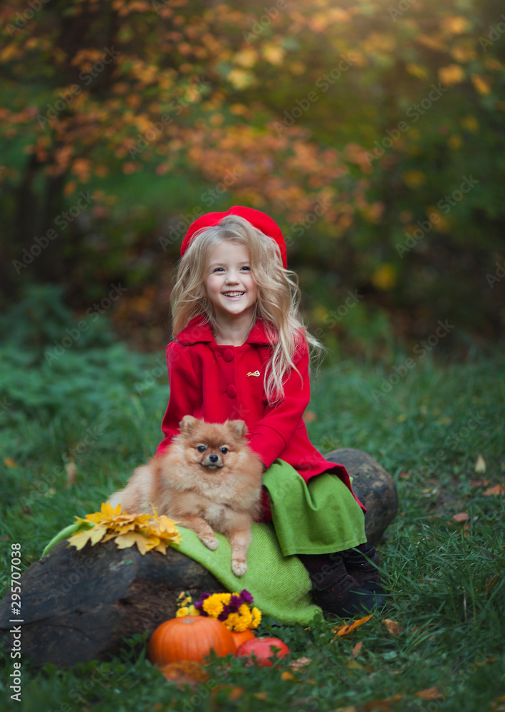 Little girl with dog in autumn forest. Autumn photography. A girl in a red coat and beret walks in the autumn Park. Little girl with dog in autumn forest. Autumn photography. A girl in a red coat and beret walks in the autumn Park.