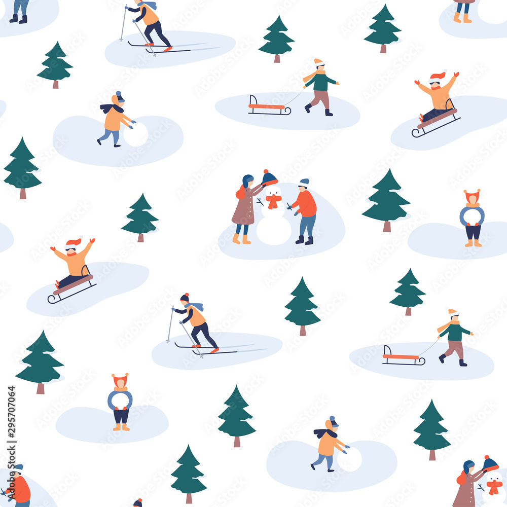 Child winter leisure in park. Happy holidays and merry Christmas. Kids make a snowman. Children skiing and sledding. Seamless pattern. Vector illustration in cartoon and flat style.