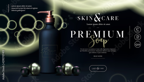 Stylish skin care cosmetics body lotion, washing gel or cleancer in black gold bottle with pump. Liquid soap packaging poster, flyer, or web banner. Mock-up promo black banner. Soap promo design.