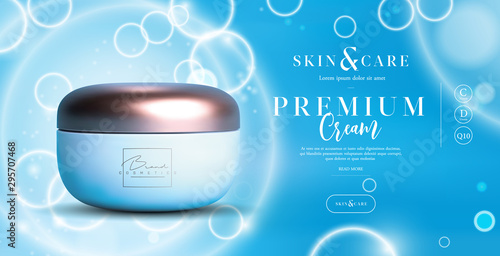 Elegant cosmetic background cream jar for skin care products. luxury facial cream. Beautiful flyer or banner design for cosmetic ads. Blue cosmetic premium cream template. Makeup products brand.