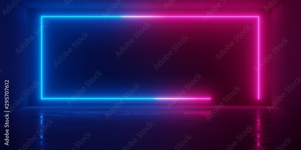 Abstract blue and red glowing neon light rectangle in empty concrete room with shiny reflective floor Abstract blue and red glowing neon light rectangle in empty concrete room with shiny reflective floor