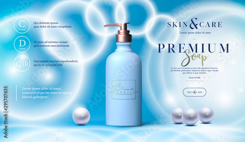 Skin care cosmetics body lotion, washing gel or cleancer in white bottle with pump. Liquid soap packaging vector poster, flyer, or web banner. Mock-up promo banner. Soap tube packaging promo design.