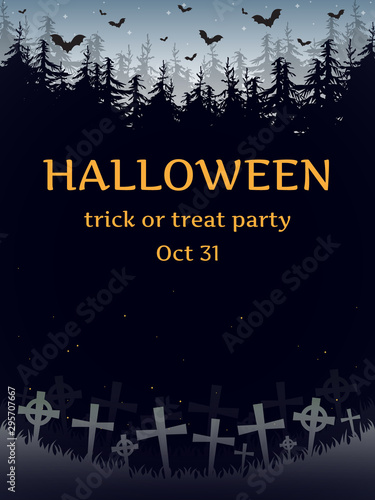 Happy Halloween. Cemetery on the background of the night forest with bats