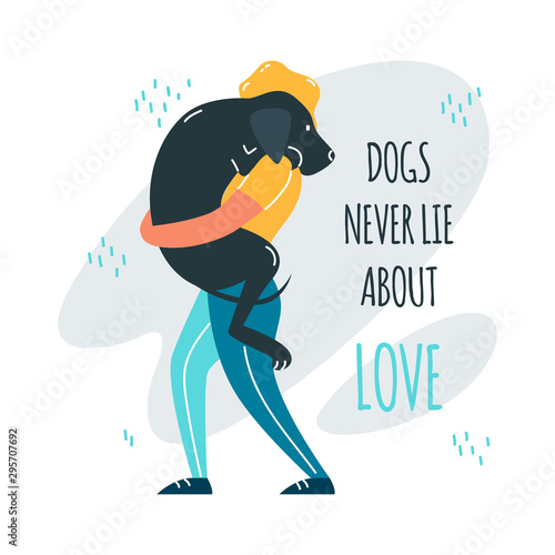 Man holds a dog in his arms. Dog loves his master. Vector illustration