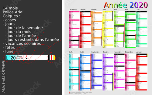 Calendrier 2020, calques, vacances scolaires, Saints, 14 mois