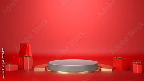 Red 3D rendering podium background wall  can be used for banner design background and items placed background
