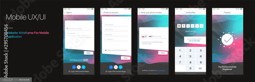 Design of the Mobile Application, UI, UX. Set of GUI Screens with Login and Password input, and Phone Verification. Black Theme