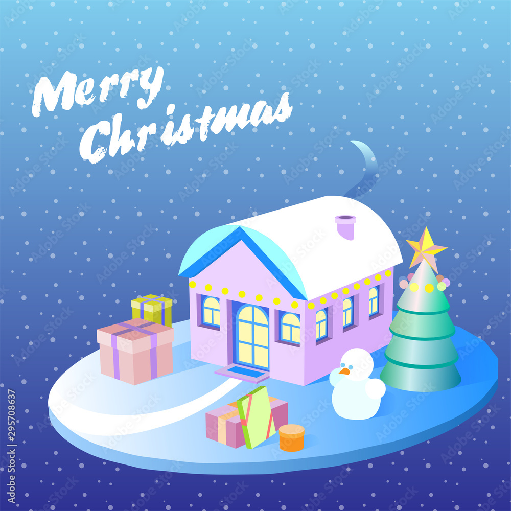 Isometric Christmas Decorated Houses with Tree and Snowman. 3d flat illustration