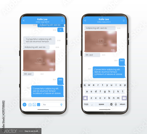 Vector Mockup for Mobile Application and Site. Messaging, sms communication with blank speech bubble, new mail message interface template form on smartphone.
