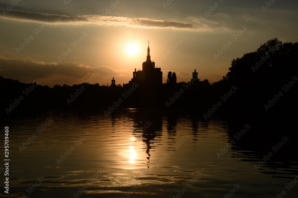 Bucharest Romania evening sunset Herastrau park dusk sundown silhouette Casa Presei beautiful view reflection