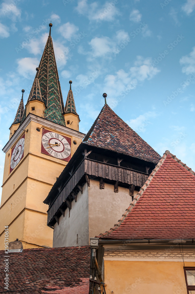 Medias Romania old church city center tower roofs Transylvania Medias Romania old church city center tower roofs Transylvania