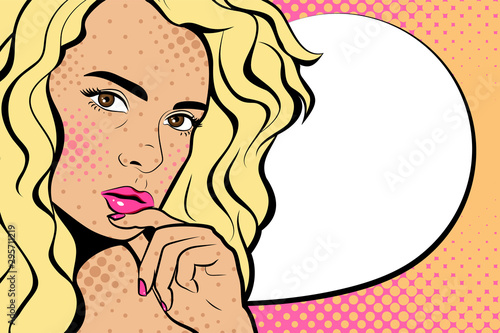 Sexy young woman. Advertising Pop Art poster or party invitation with club girl with open mouth in comic style. - Illustration. Face close-up.