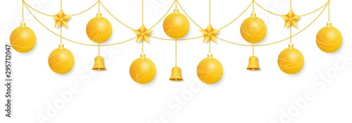 Gold Christmas decorations. Shiny balls, Christmas stars and bells hanging on chains. Design for banners, posters, leaflets. Isolated on white background.