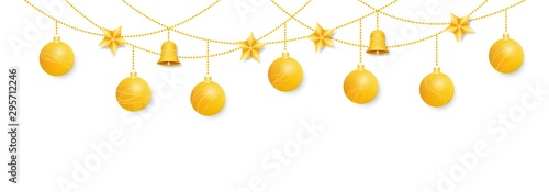 Gold Christmas decorations. Shiny balls, stars and bells hanging on chains. Design for banners, posters, leaflets. Isolated on white background.