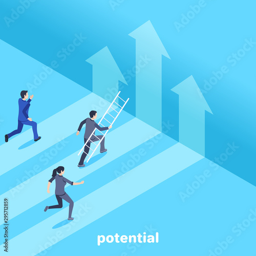 isometric vector image on a blue background, men and a woman in a business suit are running along the forward arrow, employee potential
