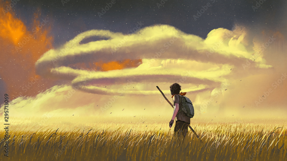 young man walking through a meadow and looking at the ring clouds in the sky, digital art style, illustration painting