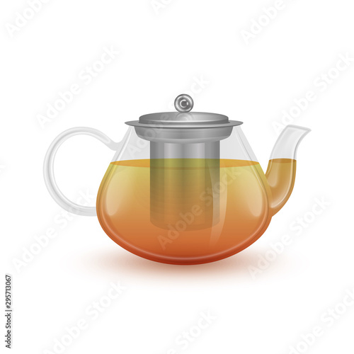 The glass teapot with black tea. Realistic vector illustration on white background