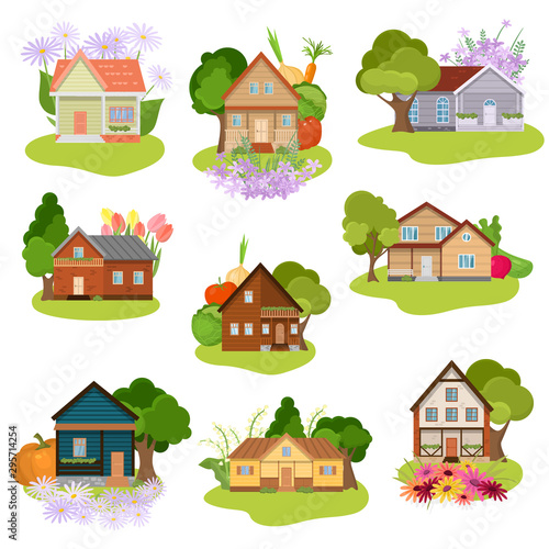 Set of different country houses with gardens vector illustration