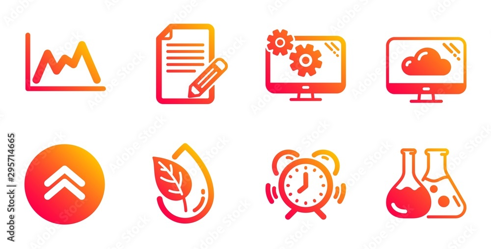 Article, Diagram and Swipe up line icons set. Organic product, Settings and Time management signs. Cloud storage, Chemistry lab symbols. Feedback, Growth graph. Science set. Vector