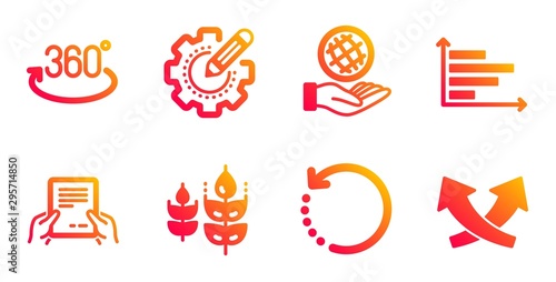 Full rotation, Horizontal chart and Recovery data line icons set. Gluten free, Receive file and Safe planet signs. Settings gear, Intersection arrows symbols. 360 degree, Presentation graph. Vector
