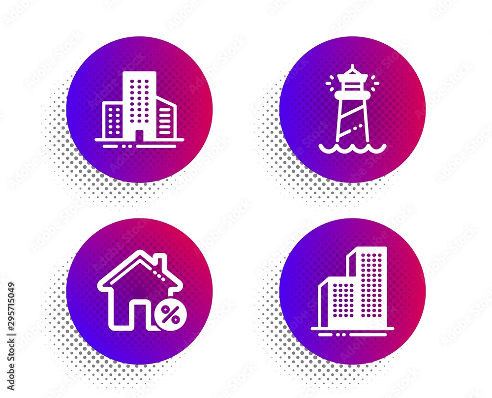 Buildings, Loan house and Lighthouse icons simple set. Halftone dots button. Skyscraper buildings sign. City architecture, Discount percent, Searchlight tower. Town architecture. Buildings set. Vector Buildings, Loan house and Lighthouse icons simple set. Halftone dots button. Skyscraper buildings sign. City architecture, Discount percent, Searchlight tower. Town architecture. Buildings set. Vector