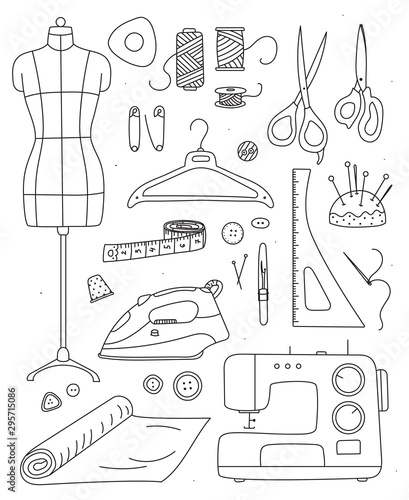 Collection of hand drawn sewing and knitting tools.