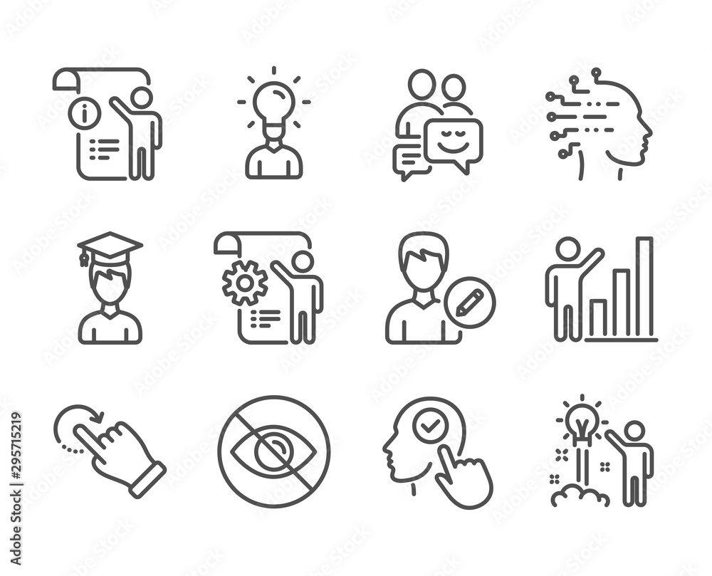 Set of People icons, such as Student, Artificial intelligence, Graph chart, Settings blueprint, Select user, Creative idea, Rotation gesture, Education, Edit person, Communication. Vector Set of People icons, such as Student, Artificial intelligence, Graph chart, Settings blueprint, Select user, Creative idea, Rotation gesture, Education, Edit person, Communication. Vector