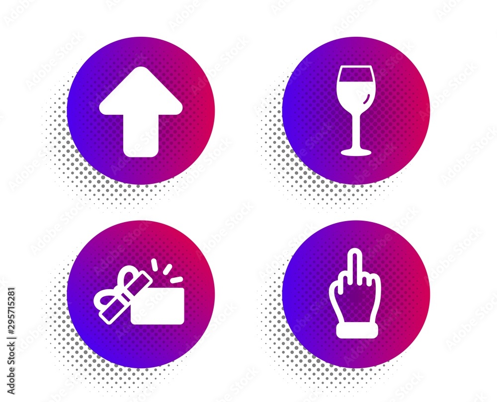 Opened gift, Upload and Wine glass icons simple set. Halftone dots button. Middle finger sign. Present box, Load arrowhead, Bordeaux glass. Gesture. Business set. Classic flat opened gift icon. Vector Opened gift, Upload and Wine glass icons simple set. Halftone dots button. Middle finger sign. Present box, Load arrowhead, Bordeaux glass. Gesture. Business set. Classic flat opened gift icon. Vector