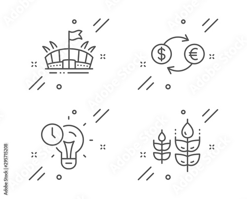 Time management, Arena and Currency exchange line icons set. Gluten free sign. Idea lightbulb, Sport stadium, Banking finance. Bio ingredients. Business set. Line time management outline icon. Vector