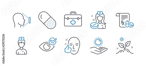 Set of Healthcare icons, such as Nurse, Capsule pill, Face id, Medical prescription, First aid, Healthy face, Doctor, Check eye, Sun protection, Grow plant line icons. Line nurse icon. Vector