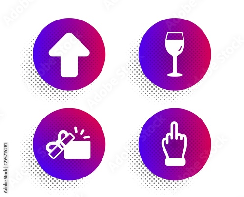 Opened gift  Upload and Wine glass icons simple set. Halftone dots button. Middle finger sign. Present box  Load arrowhead  Bordeaux glass. Gesture. Business set. Classic flat opened gift icon. Vector