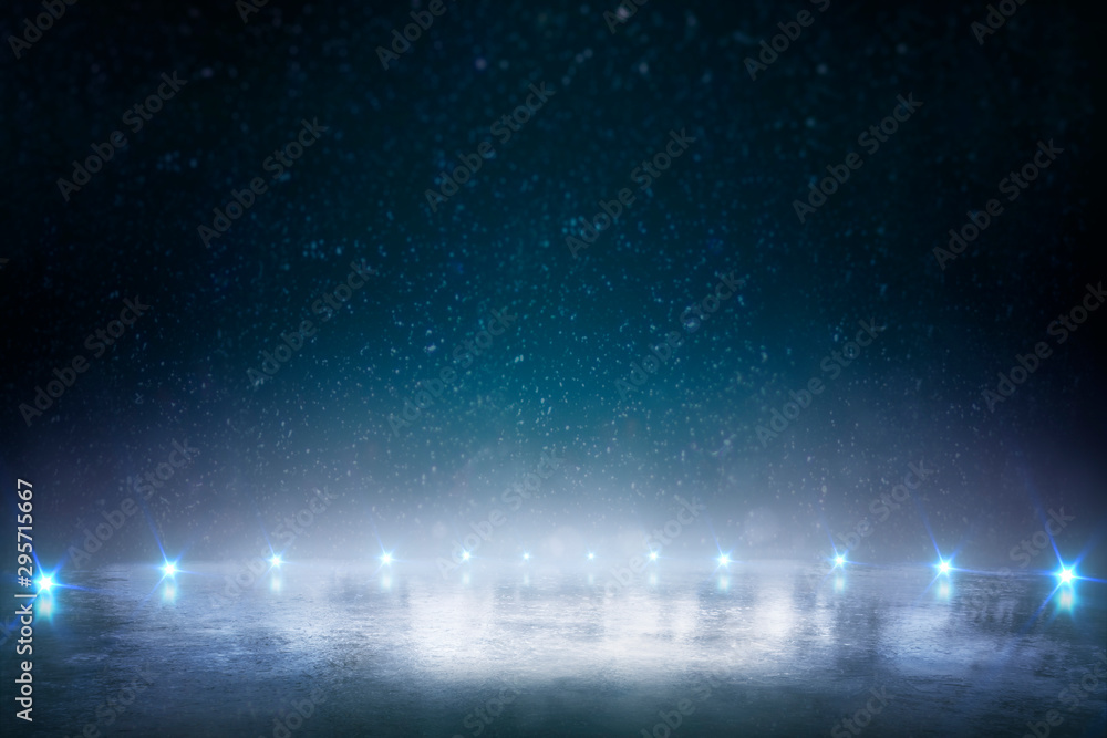 Night ice rink. Winter background with blue lights