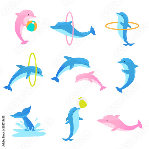 Colorful set of playful dolphins performing tricks with ring and ball. Vector illustration in flat cartoon style