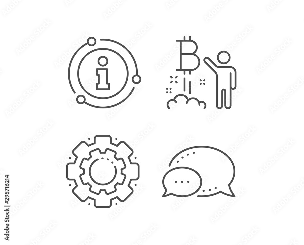 Bitcoin line icon. Chat bubble, info sign elements. Cryptocurrency startup sign. Crypto project symbol. Linear bitcoin project outline icon. Information bubble. Vector Bitcoin line icon. Chat bubble, info sign elements. Cryptocurrency startup sign. Crypto project symbol. Linear bitcoin project outline icon. Information bubble. Vector