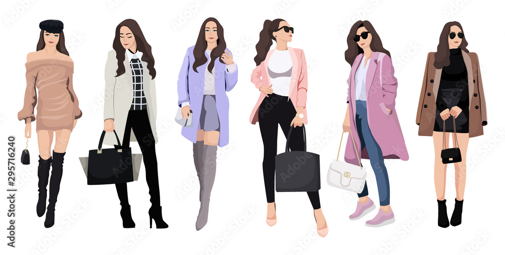 Set of women dressed in stylish trendy clothes Stock Vector