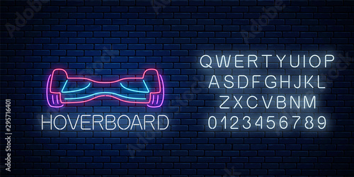 Glowing neon sign of electric hoverboard with alphabet. Two-wheeled gyroscooter eco transport. Vector illustration