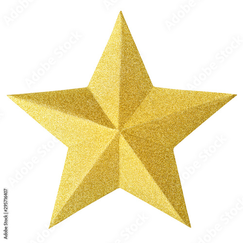 Christmas gold star isolated on white background. Christmas ornament closeup golden star