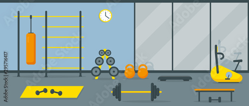 Gym interior with workout equipment and mirror. Fitness center training area. Vector illustration.