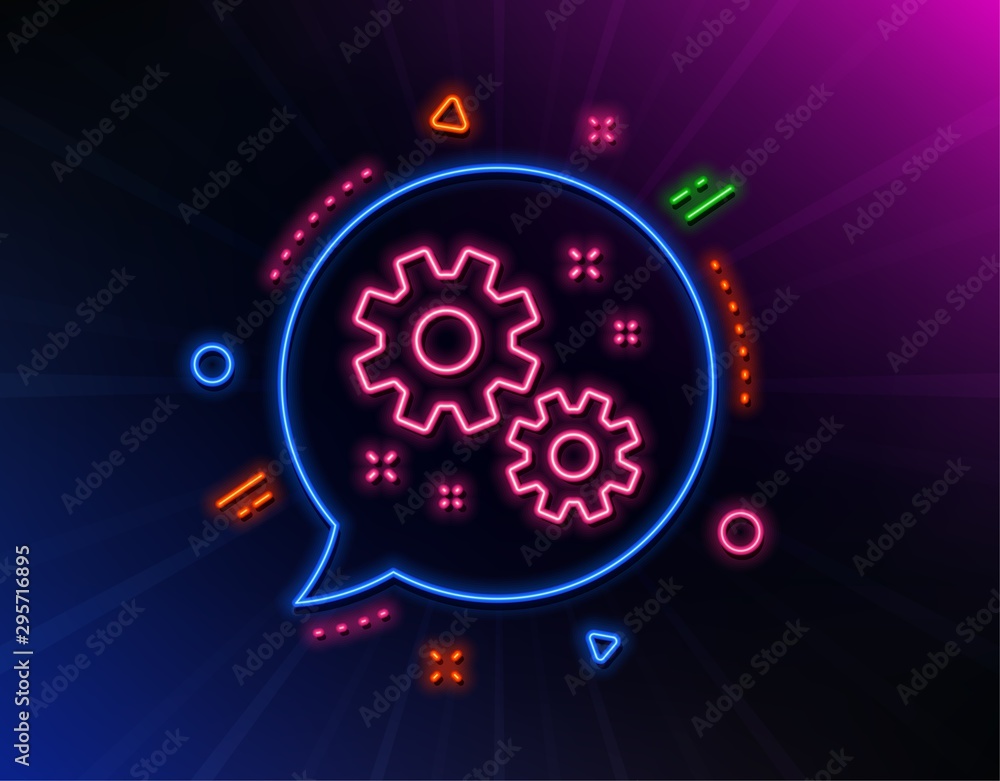 Work line icon. Neon laser lights. Business management sign. Cogwheel or gear symbol. Glow laser speech bubble. Neon lights chat bubble. Banner badge with work icon. Vector
