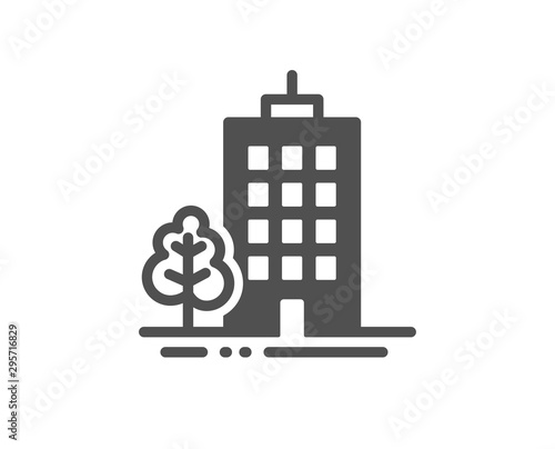 City architecture with tree sign. Skyscraper buildings icon. Town symbol. Classic flat style. Simple skyscraper buildings icon. Vector
