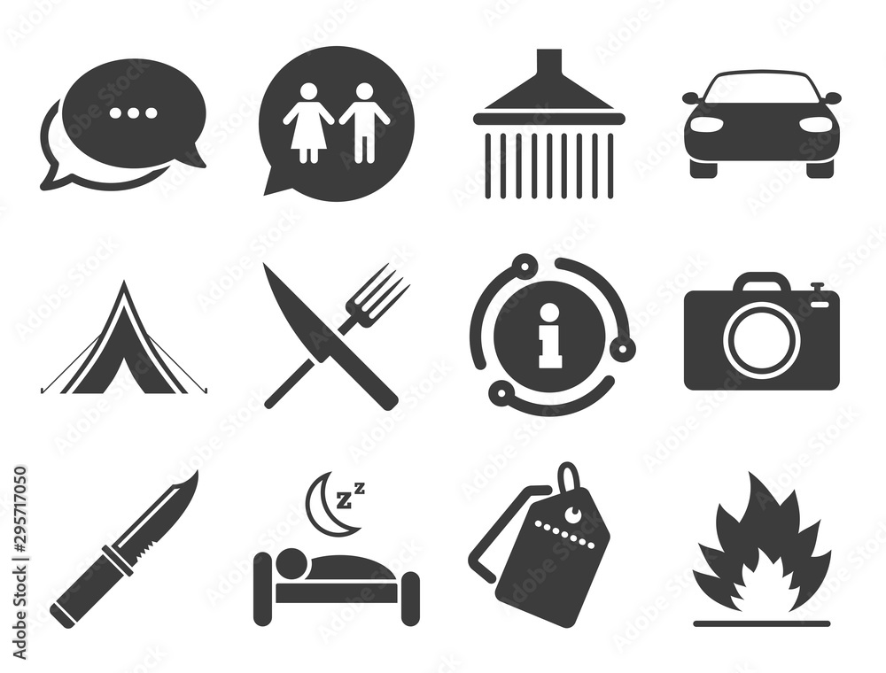 Camping, shower and wc toilet signs. Discount offer tag, chat, info icon. Hiking trip icons. Tourist tent, fork and knife symbols. Classic style signs set. Vector