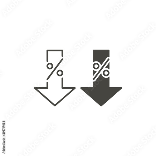 Reduction percentage, percent down arrow. Vector icon template