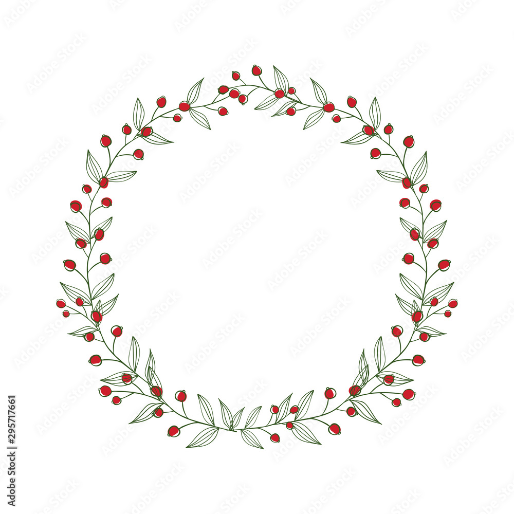 Wreath from branches and red berries on white isolated background. Summer composition.