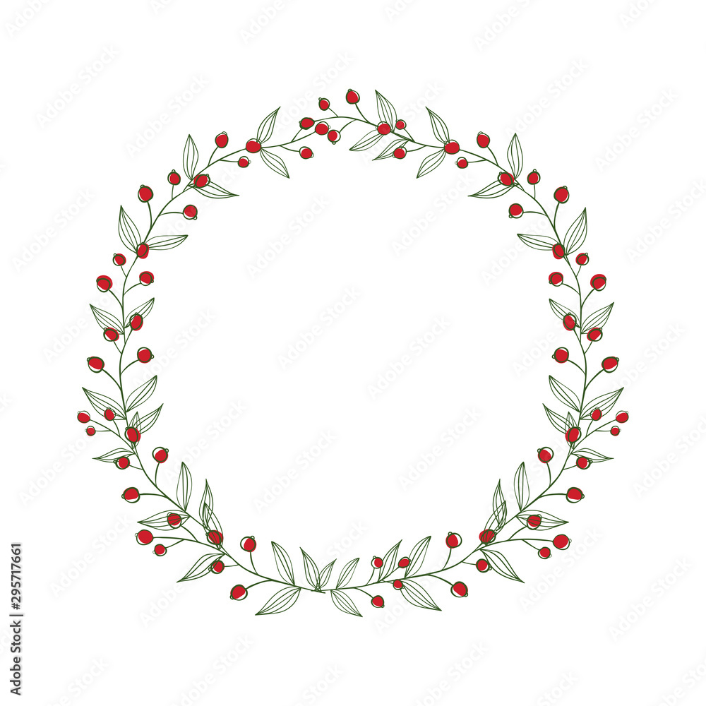 Fototapeta premium Wreath from branches and red berries on white isolated background. Summer composition.