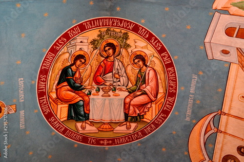 Icons inside the romanian orthodox monastery Izvorul Muresului, Harghita, Transylvania photo